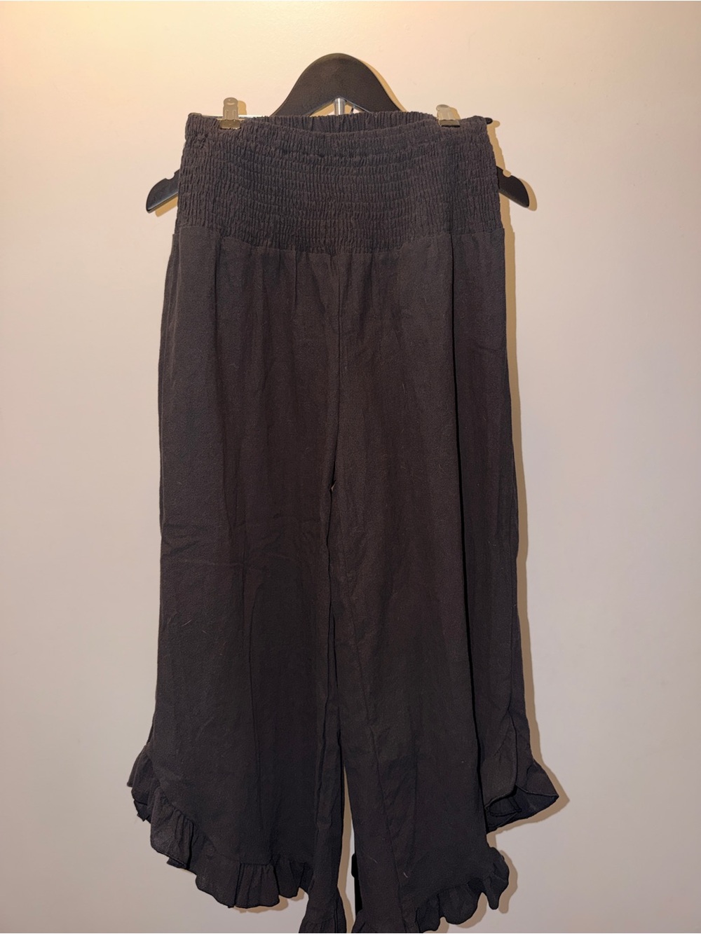 Black 100% Cotton Wide Leg Pants | Smocked Waist | Ruffle Hem